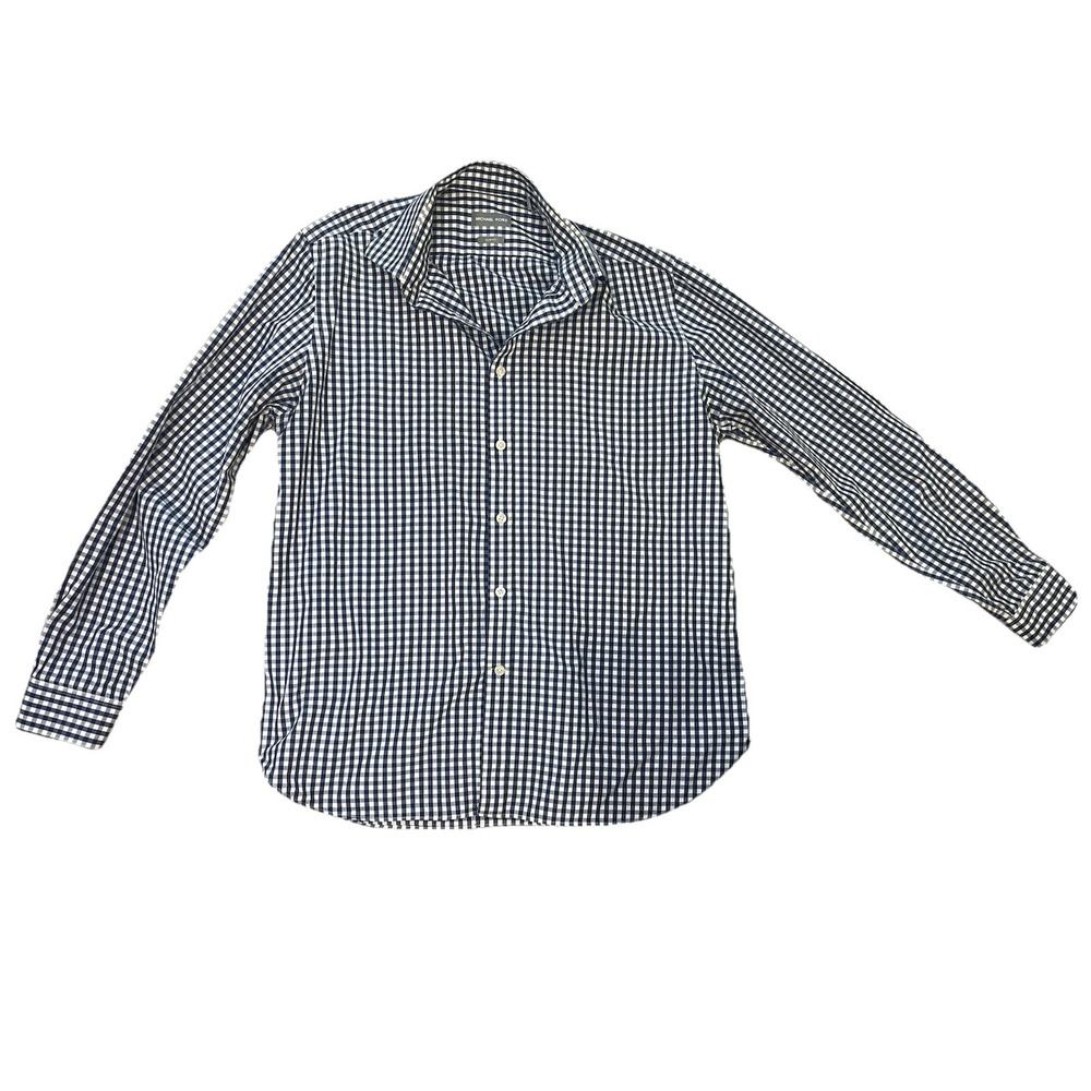 MICHAEL KORS Mens Slim Fit Shirt Size 16 1/2 Large Navy Blue Plaid  34/35